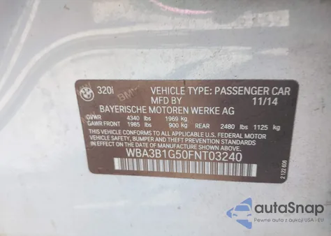 2015 BMW 320I z USA, uszkodzony, nr VIN WBA3B1G50FNT03240